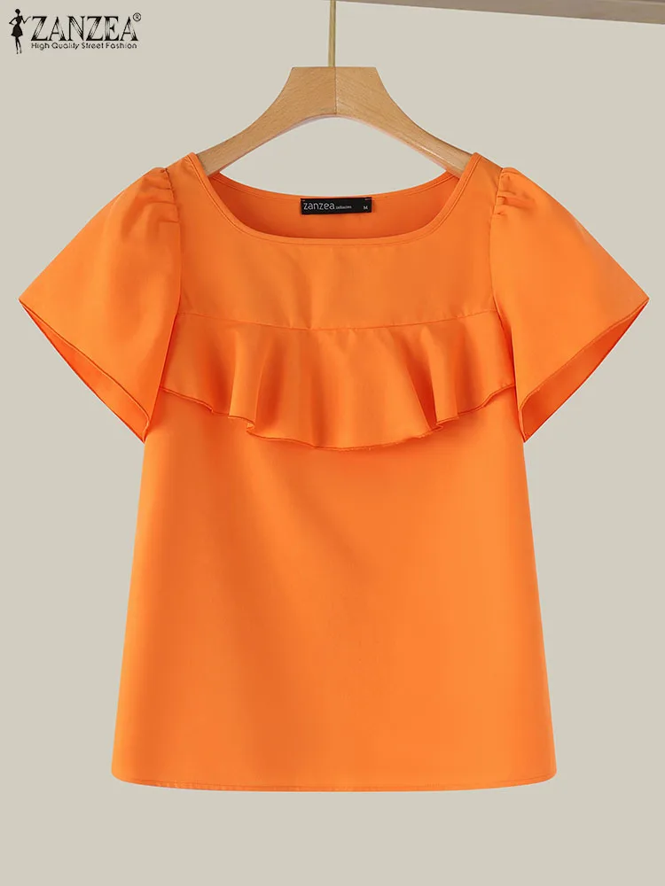 ZANZEA Koreaanse Ruche Ronde Hals Blouse Vrouwen Elegant Patchwork Party Tops Shirts 2024 Herfst Vintage Chiffon Korte Mouw Tunieken