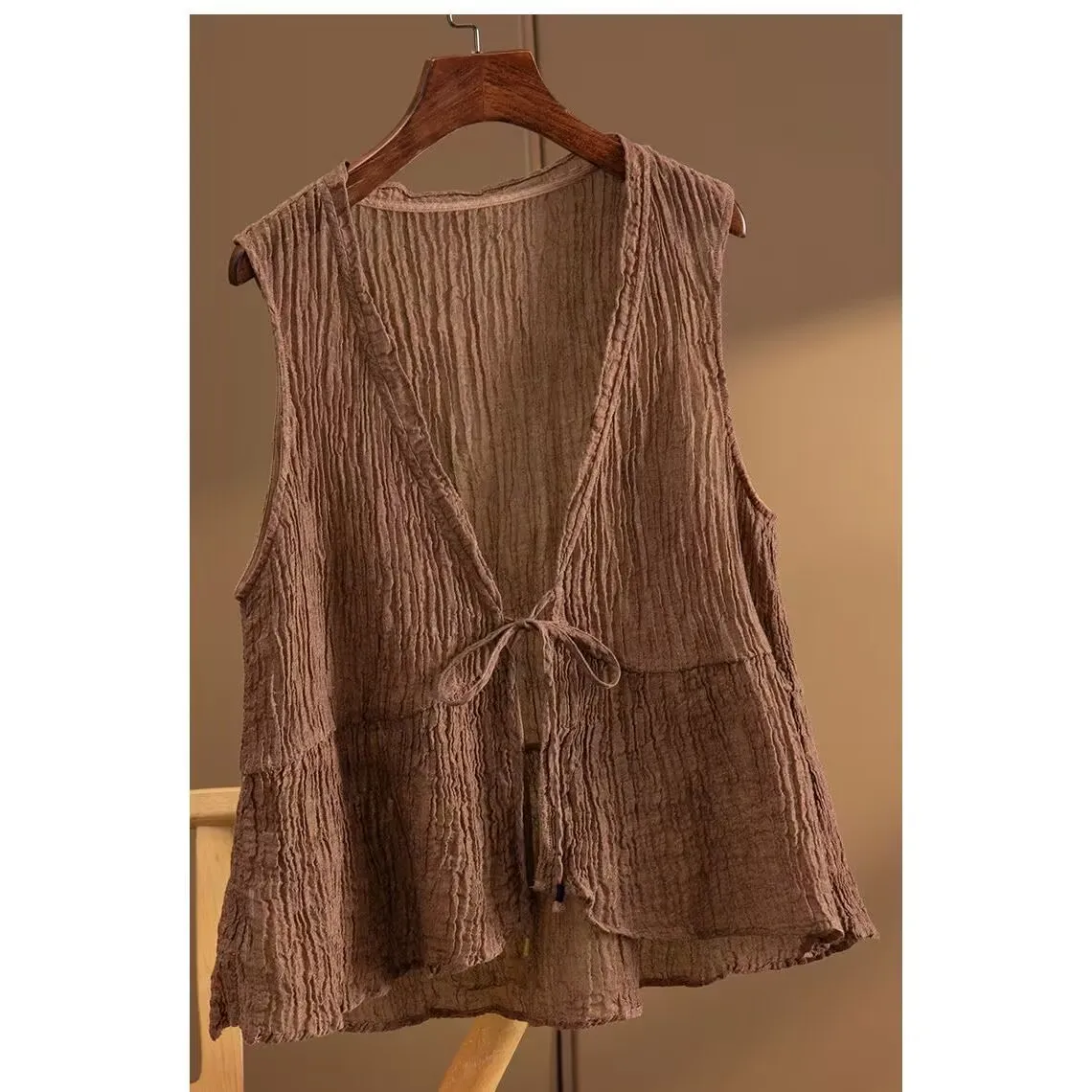 Womens Linen Vest V Neck Lace up Waistcoat