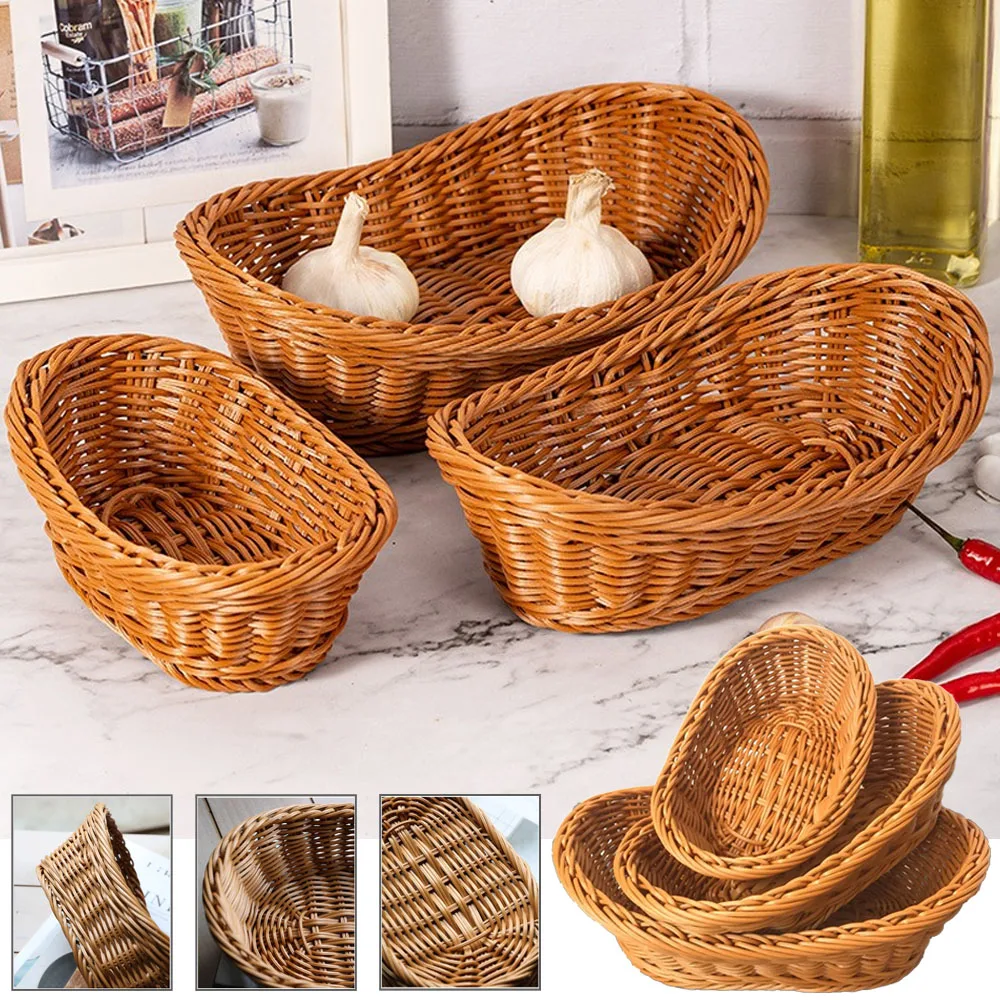 

1PC Round Imitation Rattan Fruit Basket Sundry Storage Basket Hand-Woven Storage Box Home Kitchen Storage Supplies S/M/L