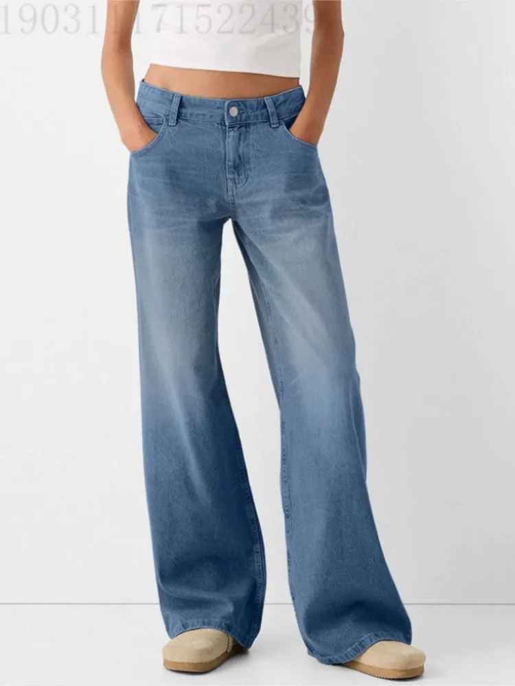 

Women New Fashion Denim Jeans Spring Autumn Retro Ladies Loose Straight Pants Button Pocket Casual Femme Wide Leg Jeans