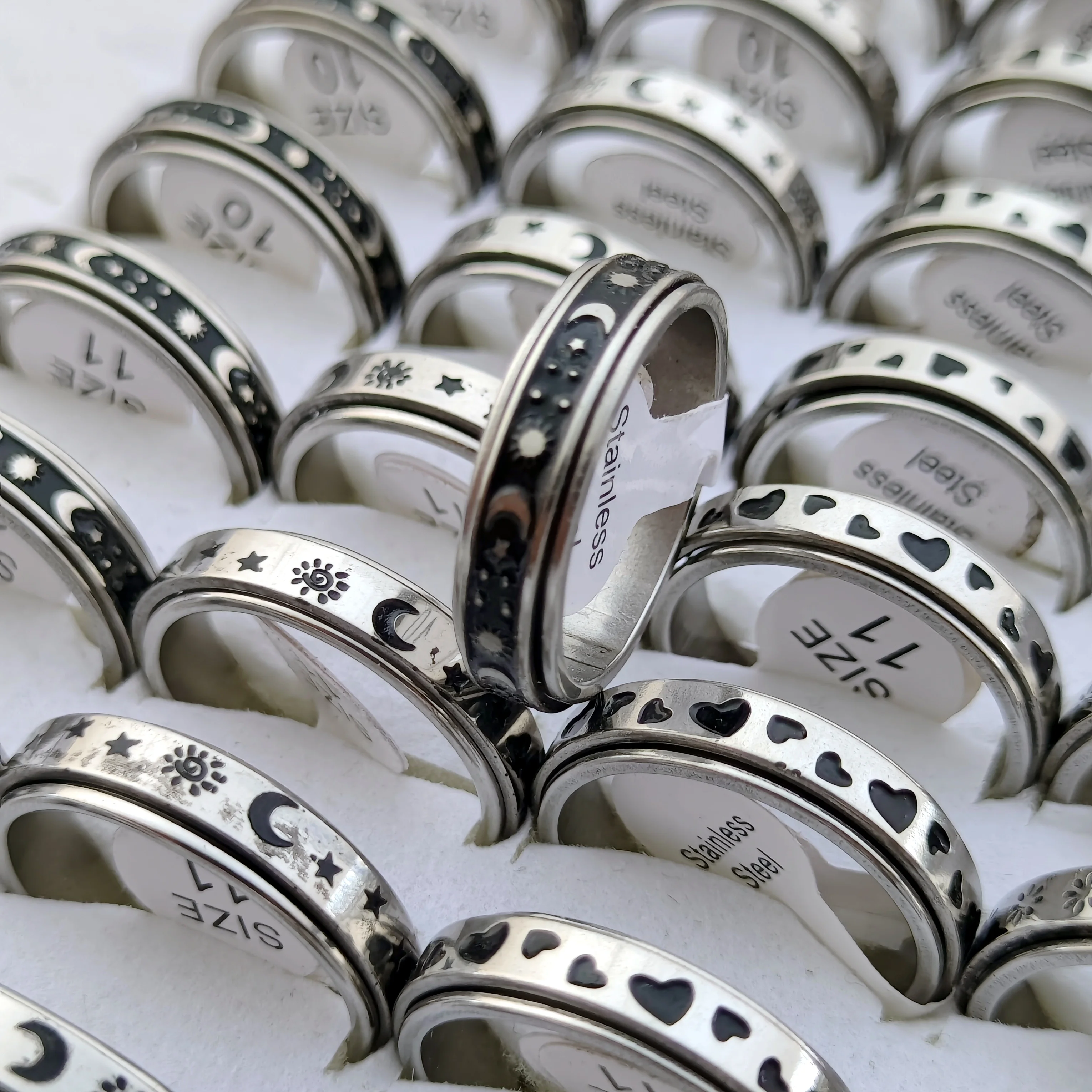 36 teile/los Frei Drehen Spinning Edelstahl Angst Ring Für Frauen und Männer Mond Sterne Kette Spinner Fidgets Ring Anti Stress – Detail 3