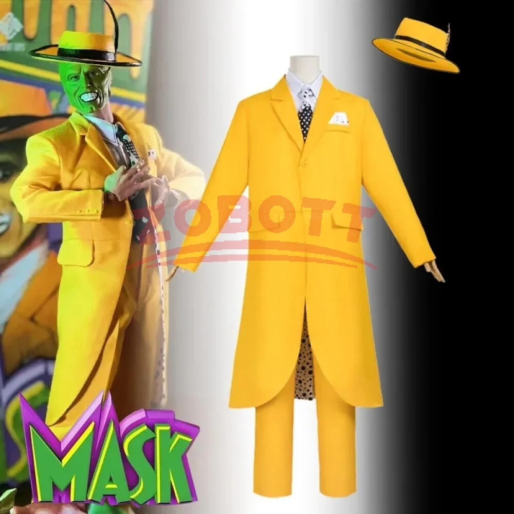 Film Die Maske Cosplay Kostüm Jim Carrey Cosplay Gelbe Uniform Männer Party Anzug Hut Halloween Joker Clown Prop Outfit Kostüm