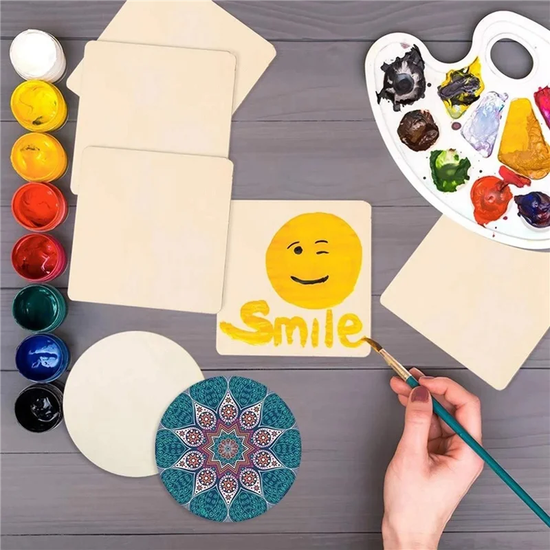 

AT29-150 шт. ломтики дерева 4X4 дюйма незавершенные кусочки дерева квадратные и круглые деревянные для DIY Coaster художественная живопись окрашивание ремесла