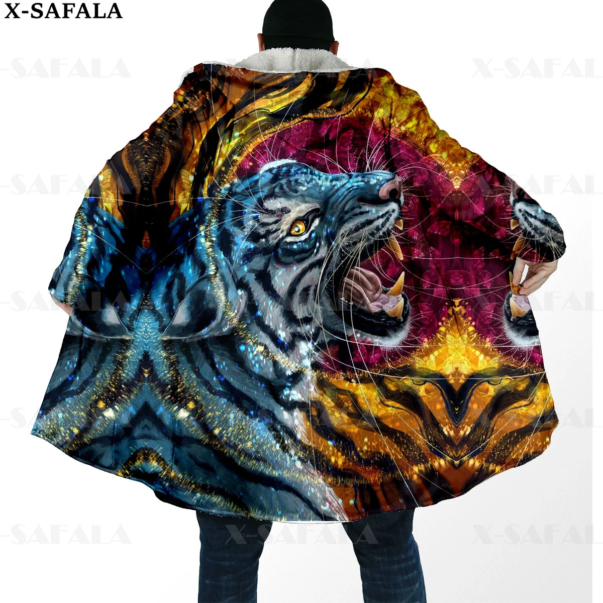 

Viking Tattoo Tiger Galaxy Tiger/Lion Thick Warm Hooded Cloak Men Overcoat Coat Windproof Fleece Cape Robe Hooded Blanket-10