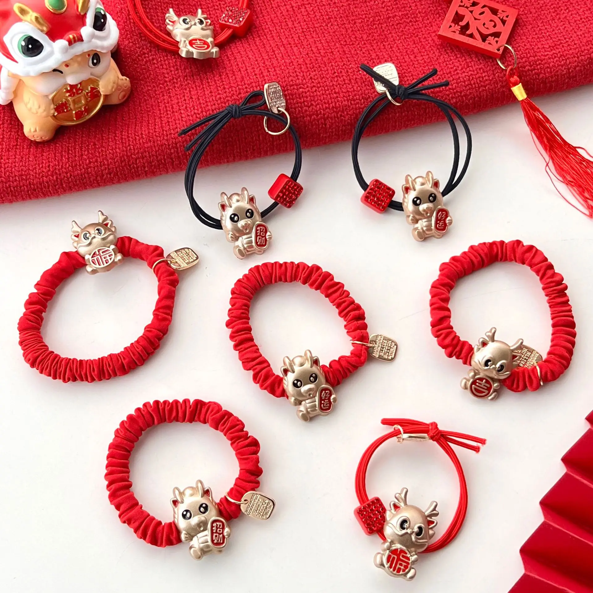 Dragon Year Zodiac Red Rope Metal Red New Year Hair Ring Female High Elastic Rubber Band Head Rope Celebration