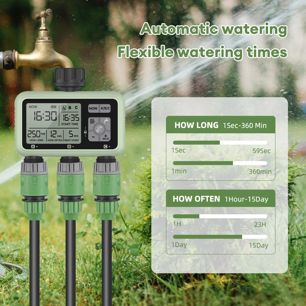 Household 3-Outlet Irrigation Timer Digital LCD Automatic Irrigation System Rain Delay Smart Garden Water Timer Tool