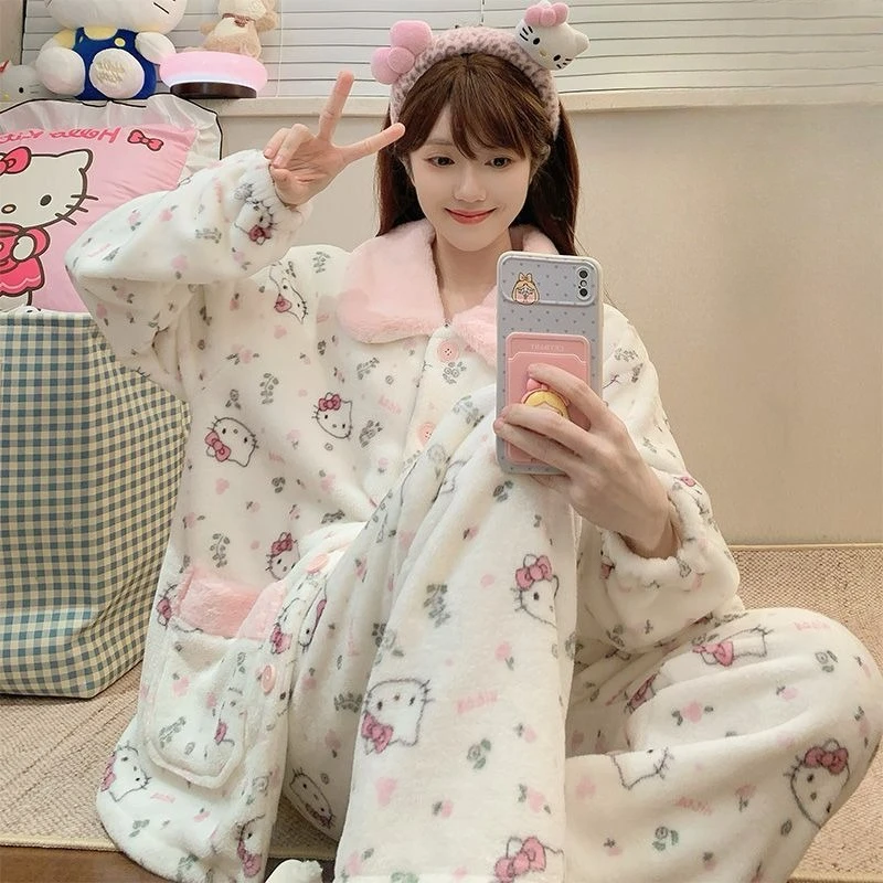 

Flannel Comfortable Soft Hello Kitty Pajamas for Girl in Autumn Winter Thickened Warm Cartoon Cute Coral Velvet Home Clothes Set