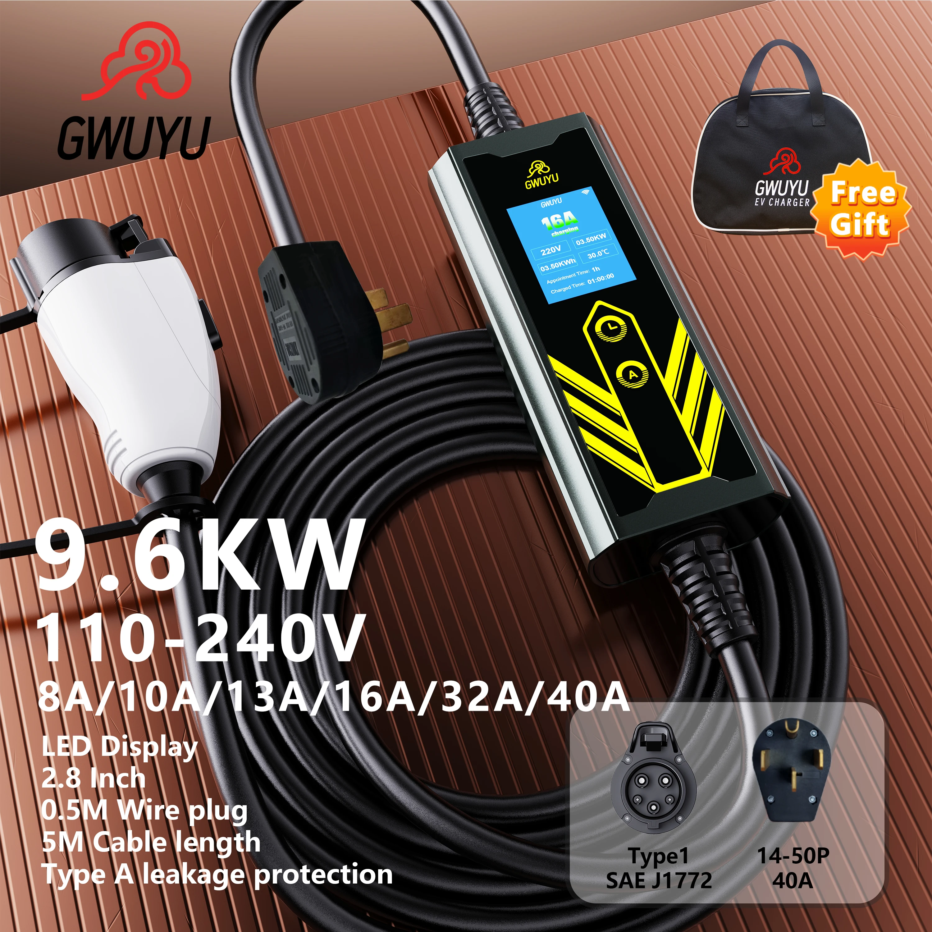 Portable Electric Vehicle Charger GWUYU M66-1 J1772 Type 1 7.6KW 9.6KW Adjustable 8A 10A 13A 16A 32A 40A Electric Vehicle Car