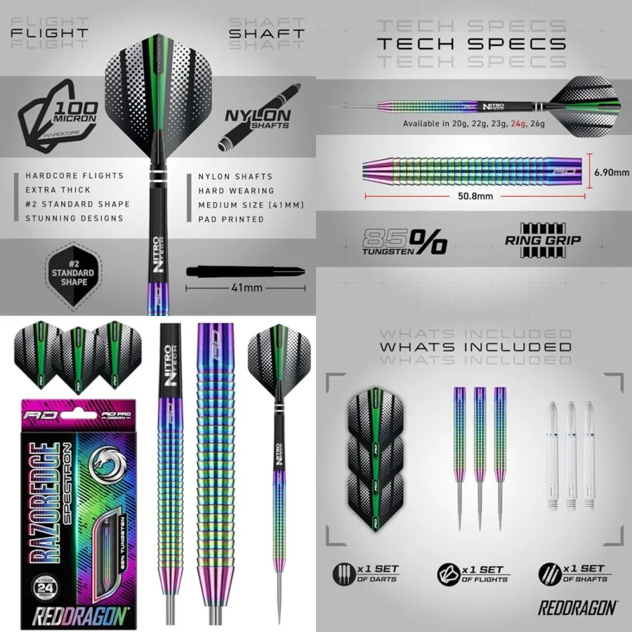 

Razor Edge Spectron - Tungsten Professional Steel Darts Set with Flights and shafts - Available in 20g, 22g, 23g, 24g, 26g