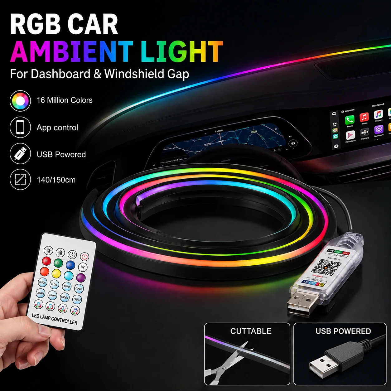 Ambient Light Bar Usb - Bande lumineuse d'ambiance pour pare-brise de