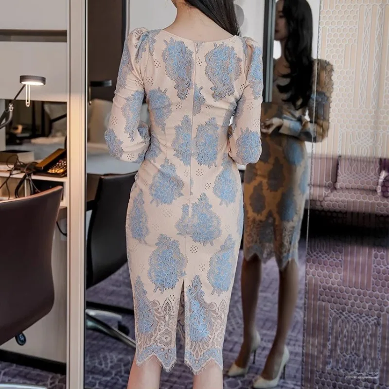 Blue Floral Lace Dress Women Chic Korean Fashion V-neck Womens Clothing Long Sleeve Streetwear Business Sheath Vestidos