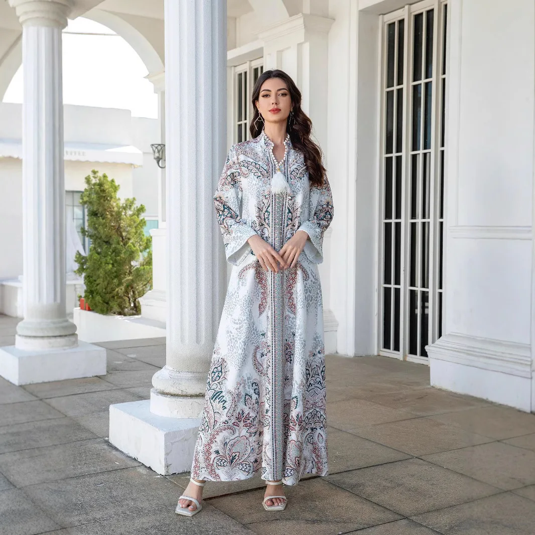 

Sw1104 Muslim Women's Robe Printed Diamond Studded Bead Arab Dress Abayas Robe Abaya Ramadan Dubai Luxury Islam Elegant