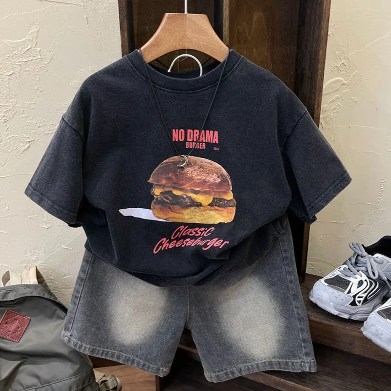 2025 Children's Hamburger Printed Stir Fry Wash Used Short Sleeve T-shirt Pure Cotton Summer Thin Style Retro Color T-shirt