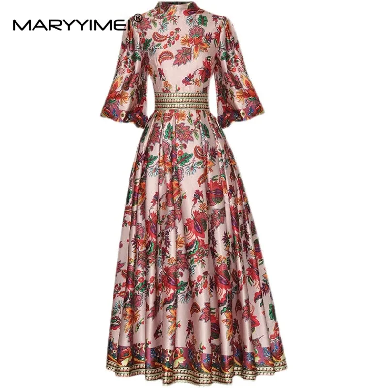 

MARYYIMEI Fashion Designer Autumn Dress Women's Stand collar Puff sleeve Floral print vintage Long Vacation Party Dresses