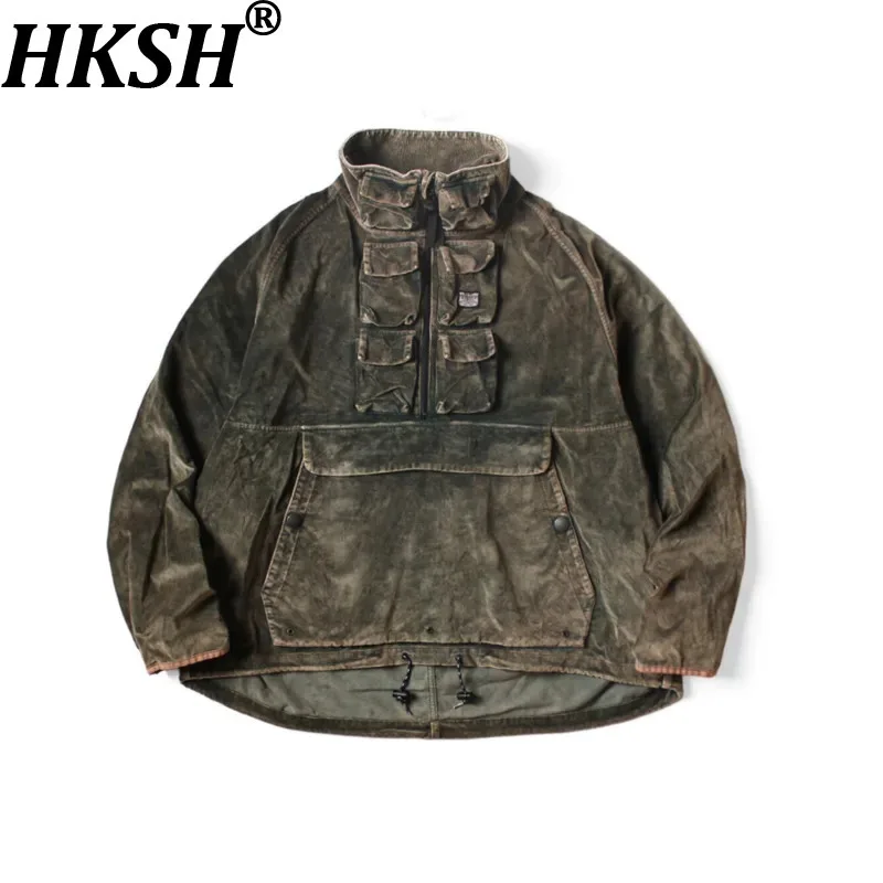 HKSH Spring Autumn New Men Tide Punk Japanese-style Batik Washed Distressed Multi-pockets Turtleneck Casual Jacket Retro HK20704