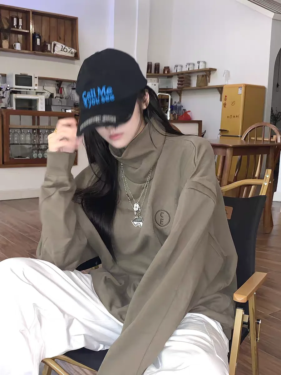 

High Collar Sweatirt Loose Fit Pure Cotton Wax Dyed Oversized Hoodie Women's Autumn Winter Fcy Outerwear Casual Streetwear