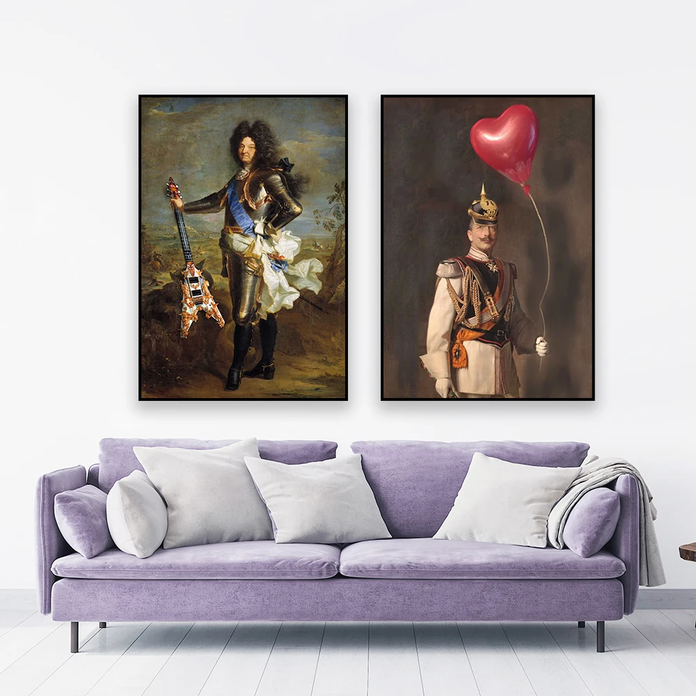 Funny Vintage Altered Art Poster Women Portrait Prints Portrait of Louis XIV Oil Painting Canvas Painting Wall Art Room Decor
