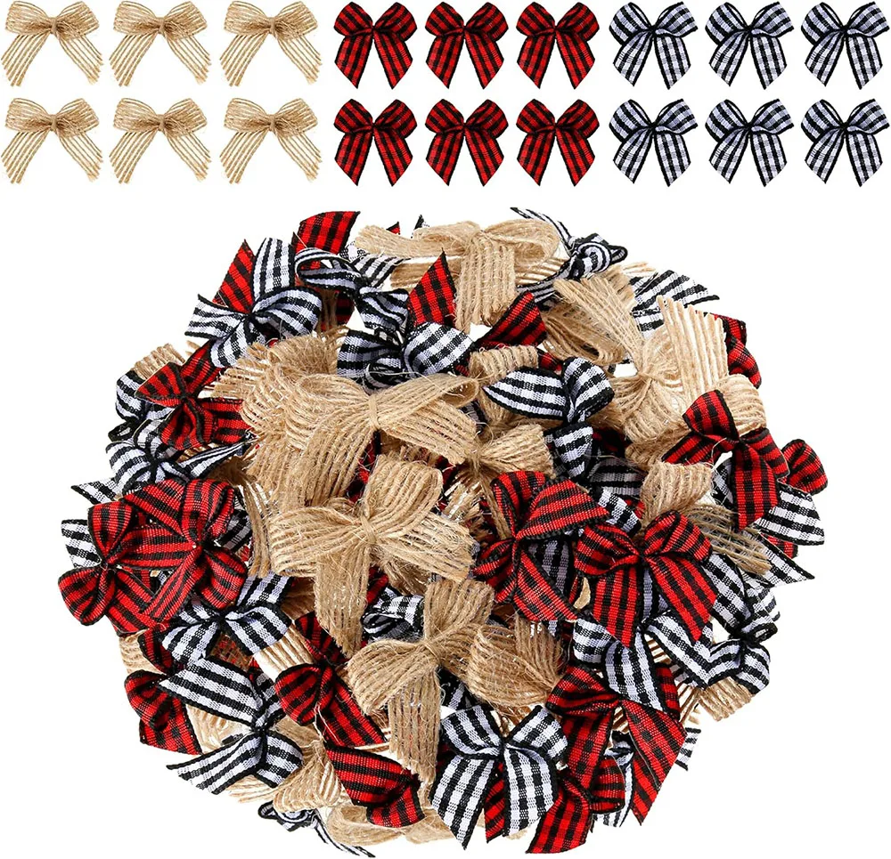 60/90/120/150 Pcs Christmas Buffalo Plaid Bows Burlap Plaid Ribbon Bows Ornament for Christmas Tree Crafts Home DIY Decoration