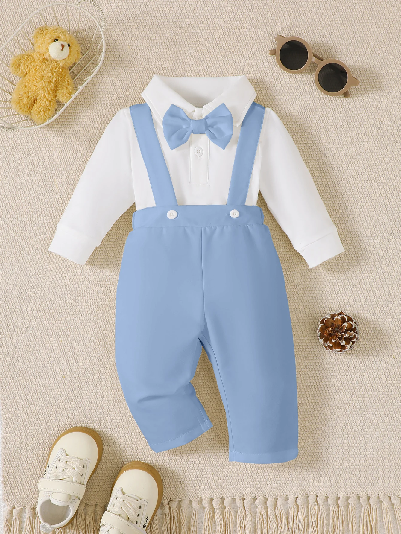 Newborn Baby Boy Spring Autumn Set lapel Bow jumpsuit+Blue Pants Two piece Set for 0-18 Months Baby Boy, Little Gentleman Set