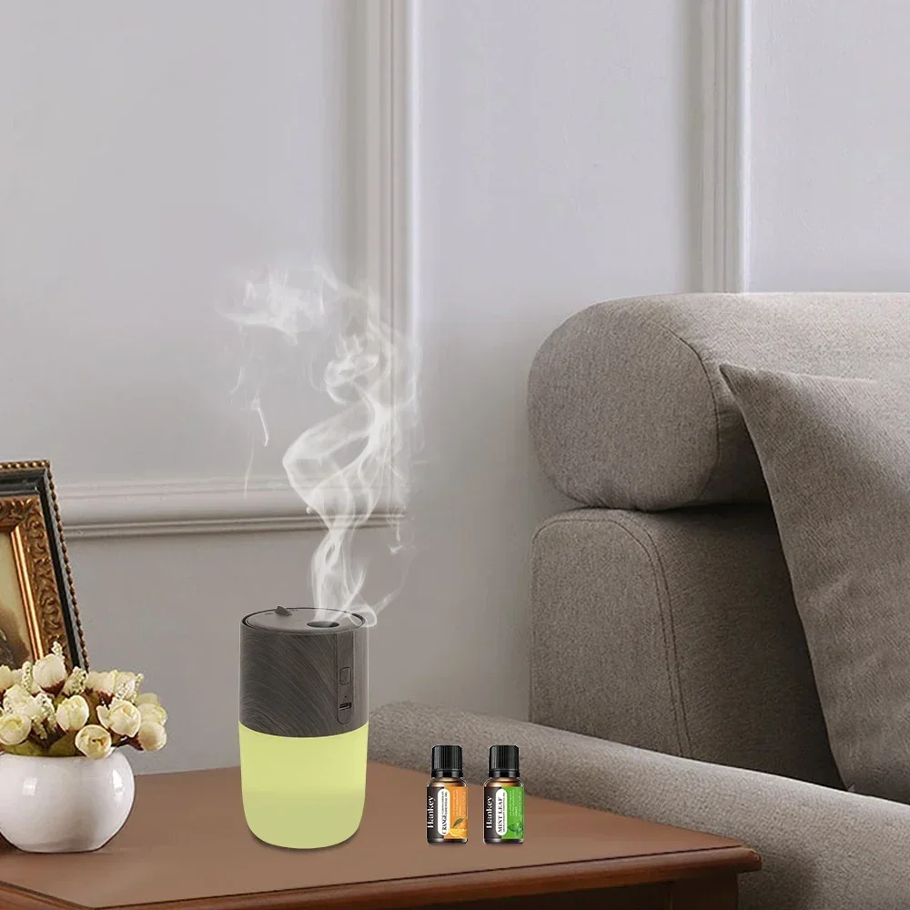 Diffusore per aromaterapia con venature del legno da 300 ml, luce d'atmosfera a 7 colori, 2 oli essenziali, auto, casa, ufficio