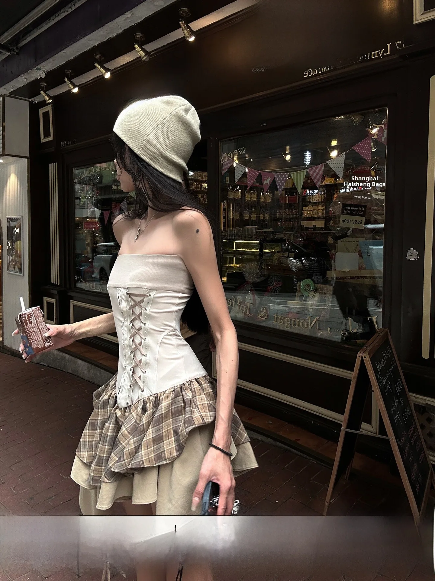 

Khaki Splice Waist Cinched One oulder Dr Heavy Work ort A-Line Skirt Sle Cotton Blend Summer Dr Ciwalk Wear