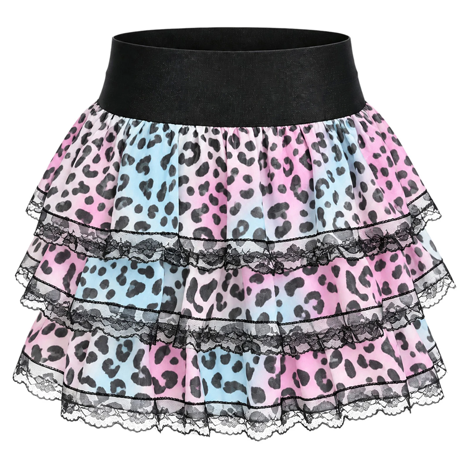 Girls Lace Trim Leopard Print Tiered Ruffle Skirt Elastic Waistband Skirts with Built-in Shorts Weekend Hangouts Casual Outings