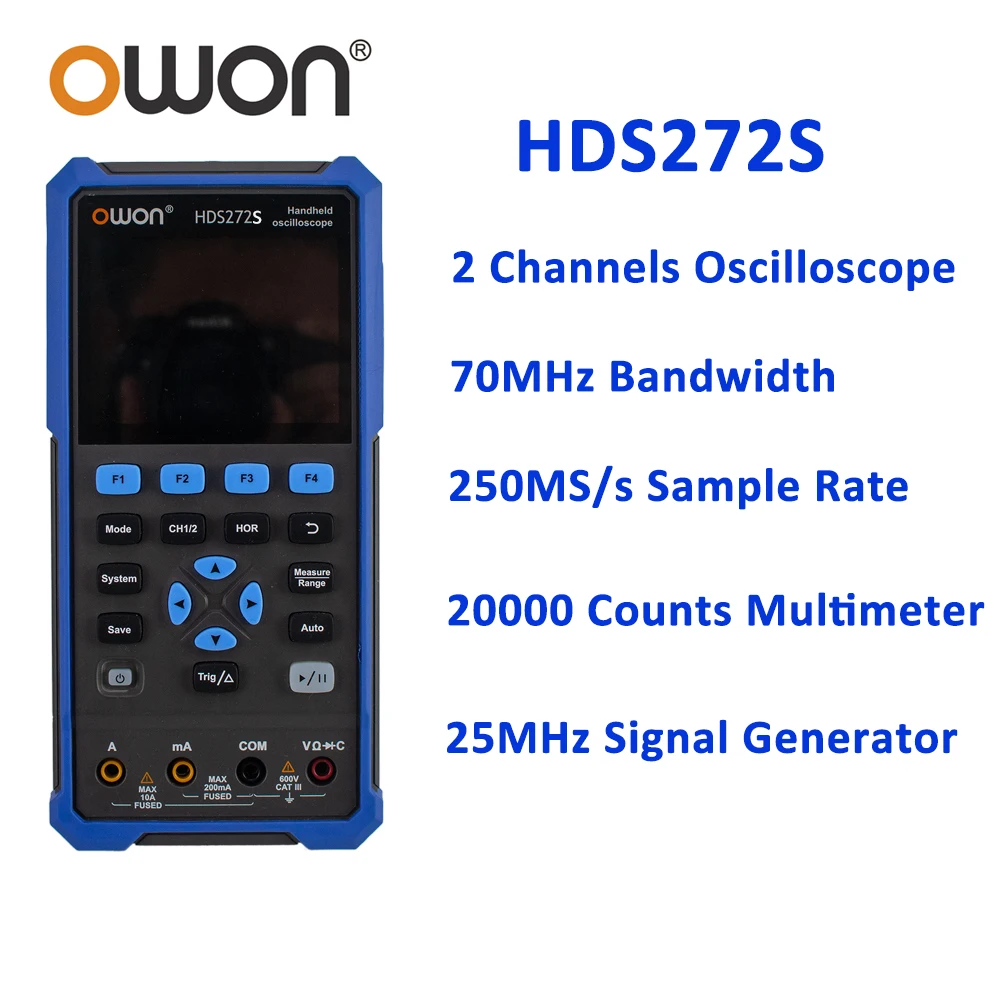 OWON HDS242S 40MHz HDS272S 70MHz Handheld Digital Oscilloscope+Multimeter+Waveform Generator 250MSa/s True RMS 2CH Oscilloscopes