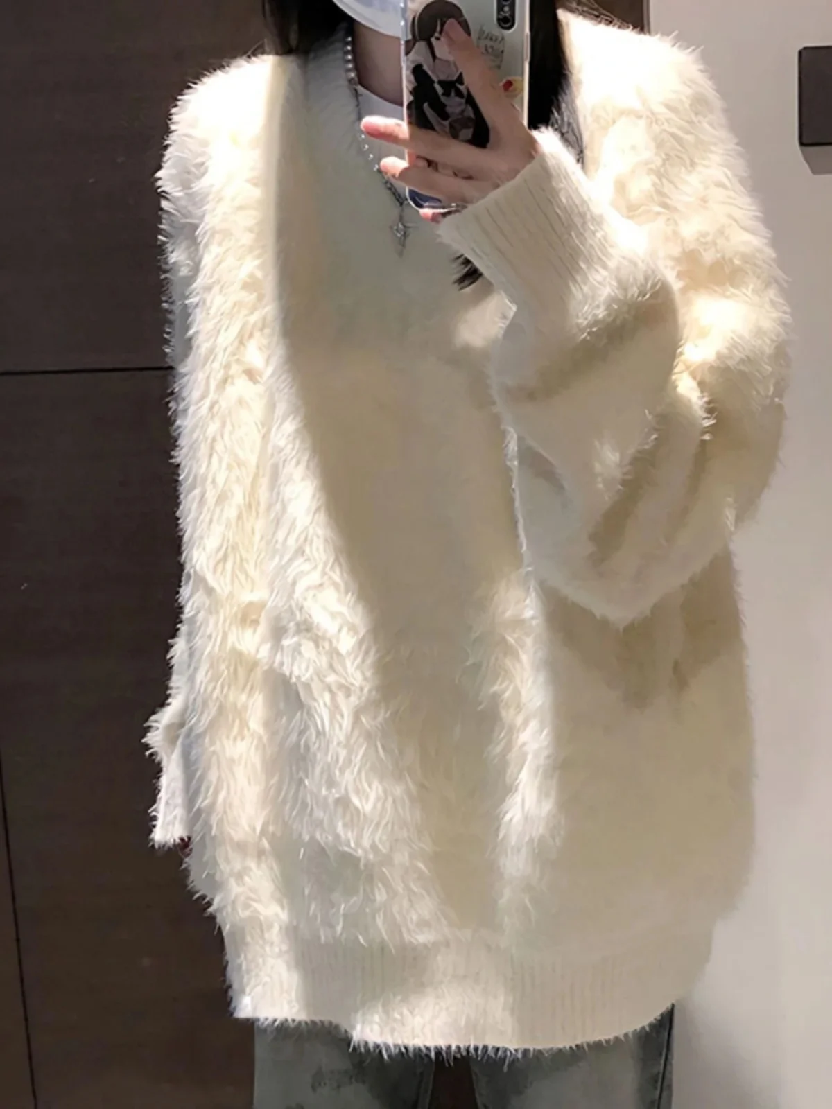 

Soft White Oversize Men's Knitwear round Ne Winter Casual Loose Fit Long Sve Polyester Fiber round Ne Sweater