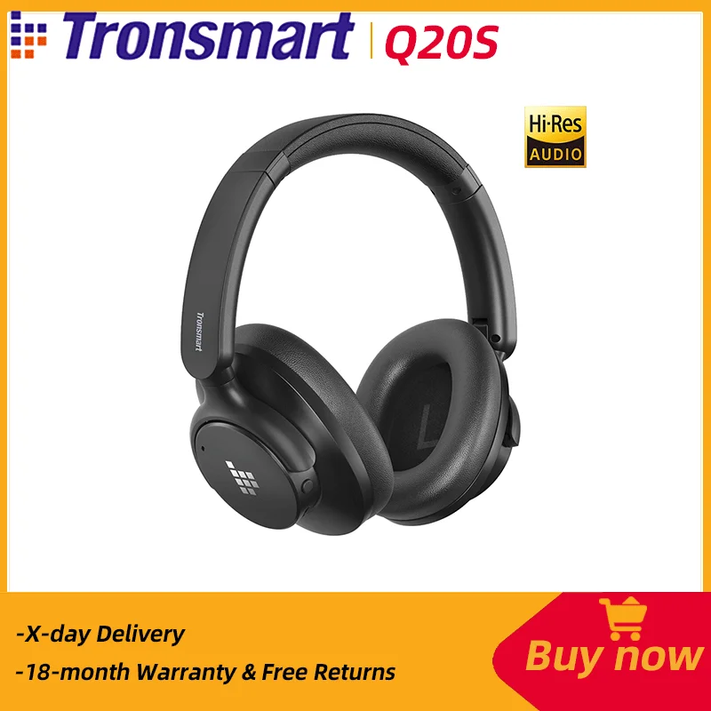 Tronsmart Sounfii Q20S Headphones Bluetooth Headset with Hybrid Noise Cancellation, 60 Hours Playtime, Hi-Res Audio, App Control