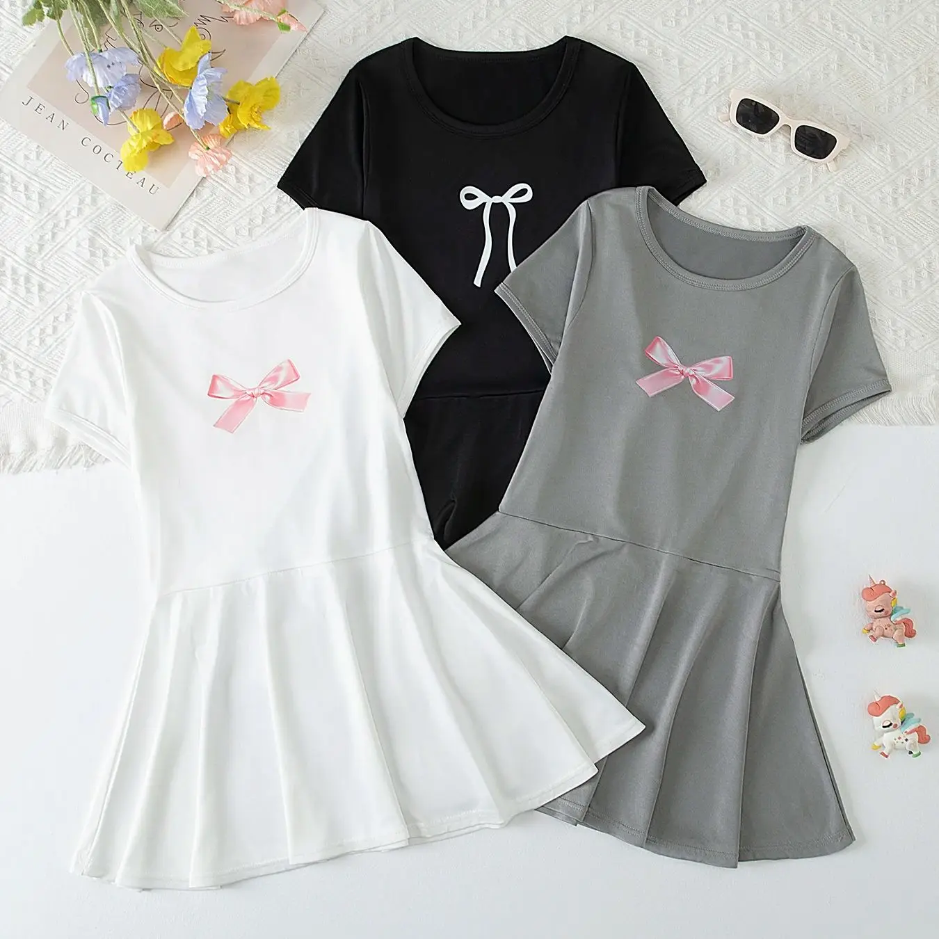 1/3 Piece Girls' Summer Comfortable Casual Dress, Children's Sweet and Cute Bow Print Pleated Dress, Round Neck Knee High Skirt