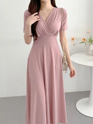 Summer French Long Dress Women Sexy V-neck Cross Pleated Back Bandage Short Sleeved Vintage Dresses Ladies Pink Long Robe