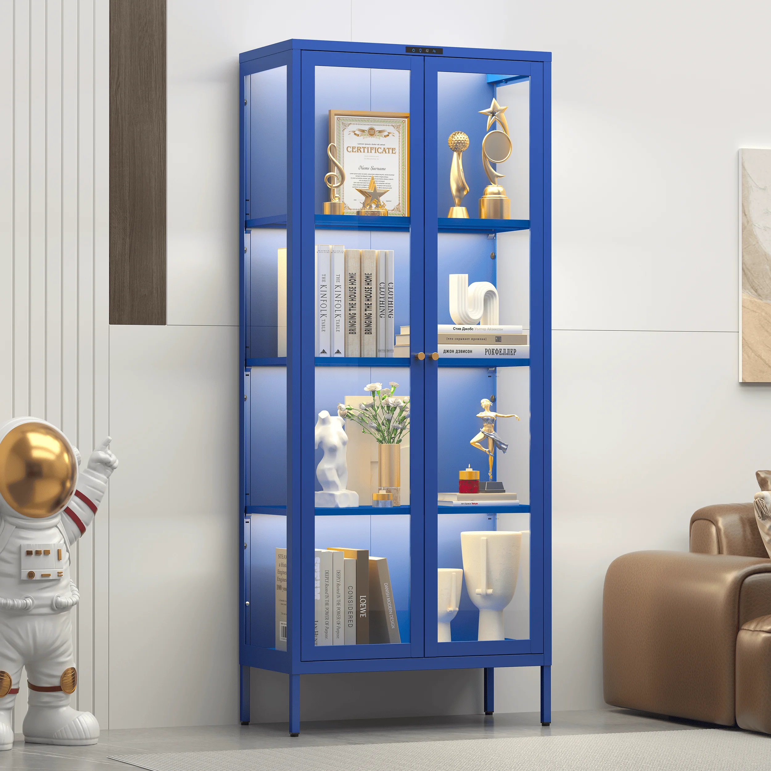 Polup Metal Display Cabinet with Glass Doors, 4-Tier 66'' Tall Curio Cabinet with 8-Color LED for Collectibles