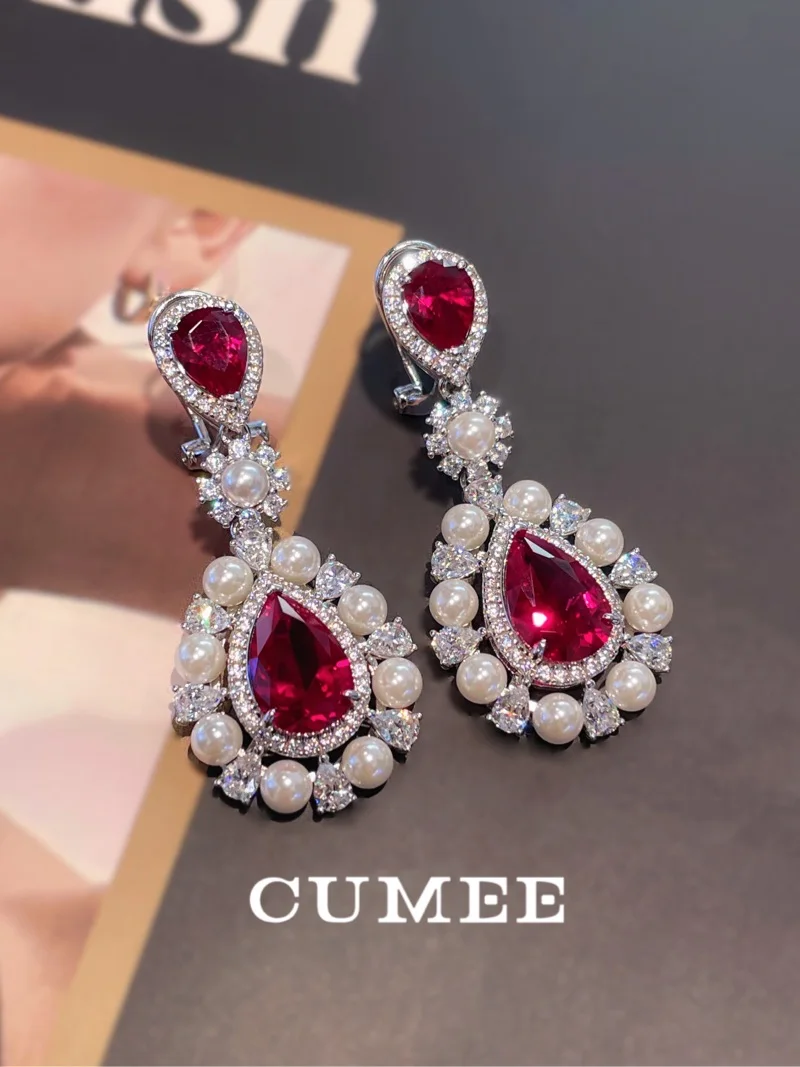 Cumee Fashionable Large Carat Water Drop Ruby Earring, Cultivated Synthetic Ruby. 925 Silver Gold-plated Earrings for Women