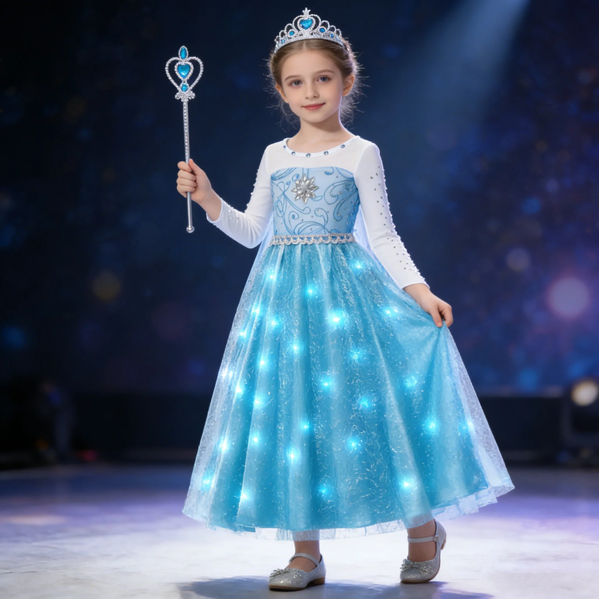 Girl's Glowing Tulle Elsa Princess Dress Ccosplay Long Sleev