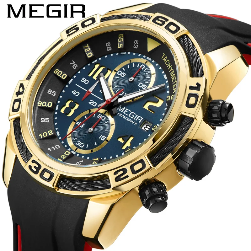 

MEGIR Brand Quartz Men's Calendar Luminous Watch Domineering Gold Circle Silicone Sports Waterproof Watch Boyfriend Gift 2045