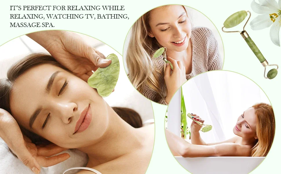 Facial Massager Roller Guasha Board Plate Green Natural Jade Stone Eye Thin Relax Slimming Face Massage Best for Wrinkles