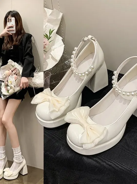 2026年春夏ファッショナブルなメリージェーンハイヒールレディースシングルシューズ蝶結び厚底バレエフラット身長アップ