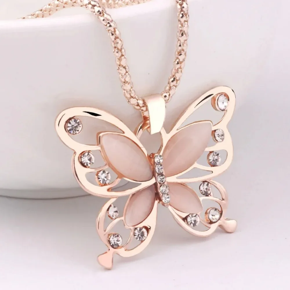 

SUMENG 2024 New Necklace Choker Pendent Rose Gold Color Opal Butterfly Pendant Exquisite Sweater Chain For Women Gifts