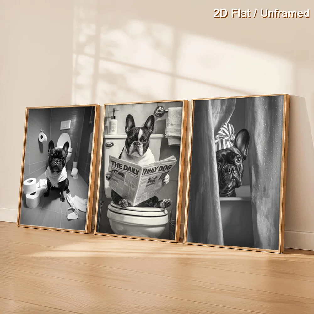 （NoFranme 3PCS）-2D Flat, 2D Flat, Set of Three Unframed Humorous Canvas Artworks for The Bathroom Featuring The Playful Antic