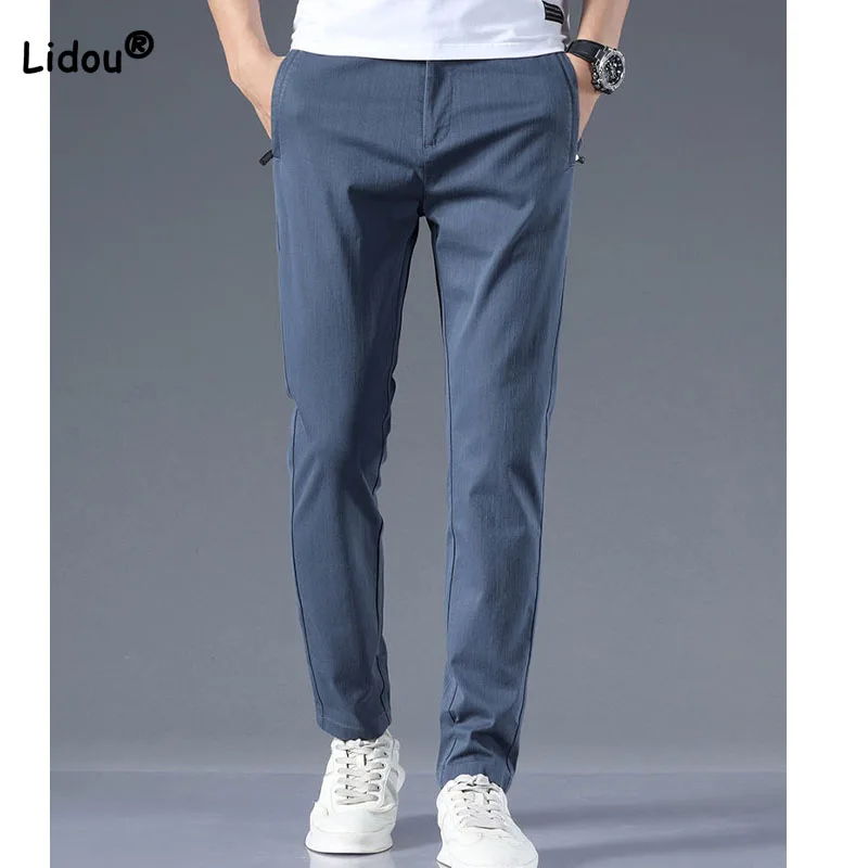 

Simplicity Fashion Solid Color Pockets Pants for Men Business Office Casual All-match Elastic Waist Trousers Summer Male Clothes