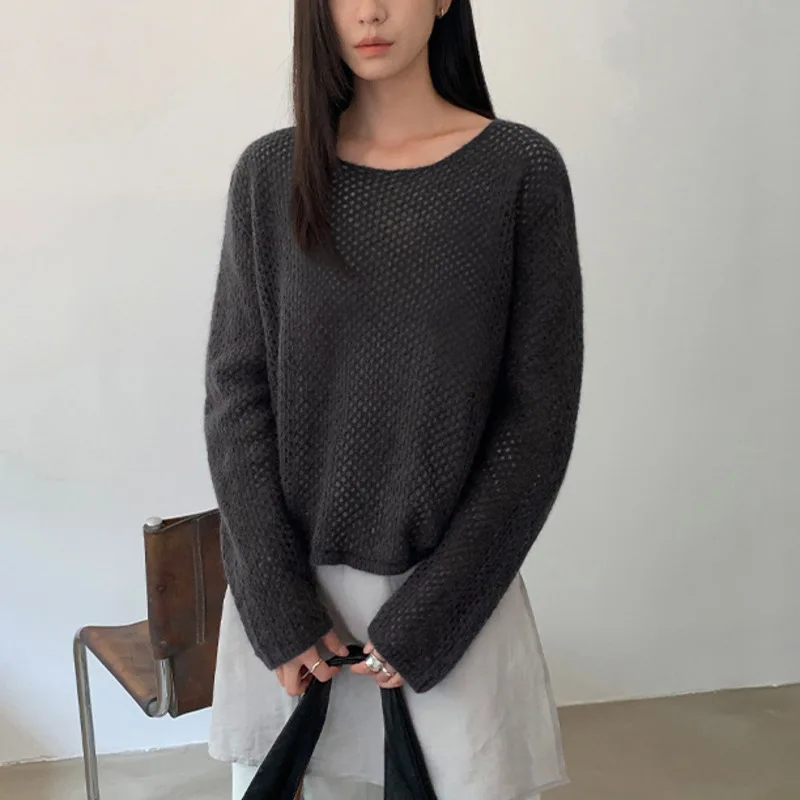 HKSH Autunno Nuove Donne T-Shirt Scava Fuori O-Collo Pullover A Maniche Lunghe di Colore Solido Lavorato A Maglia Allentato Elegante High Street Magliette E Camicette HK11748