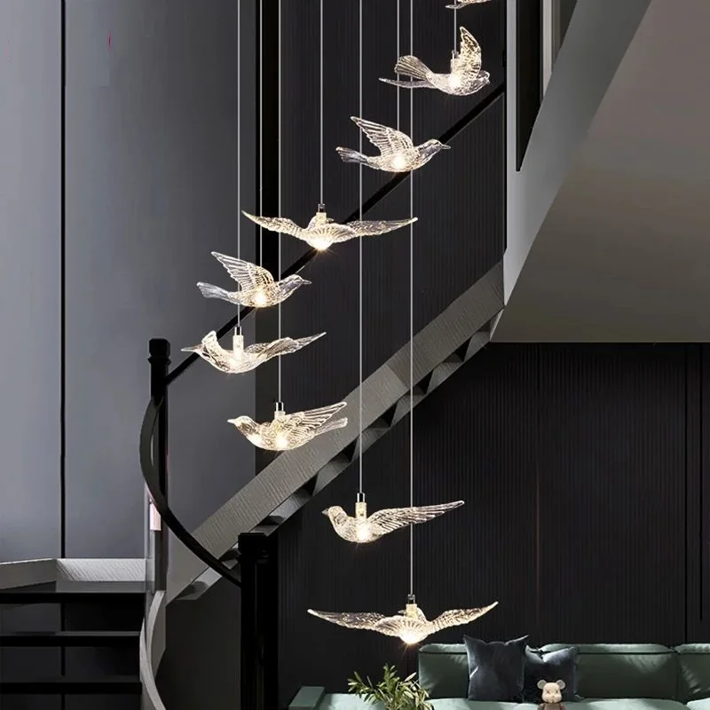 

INGIMAGI Bird design led chandelier for staircase luxury living room hanging lighting fixture hallway long spiral acrylic lamps