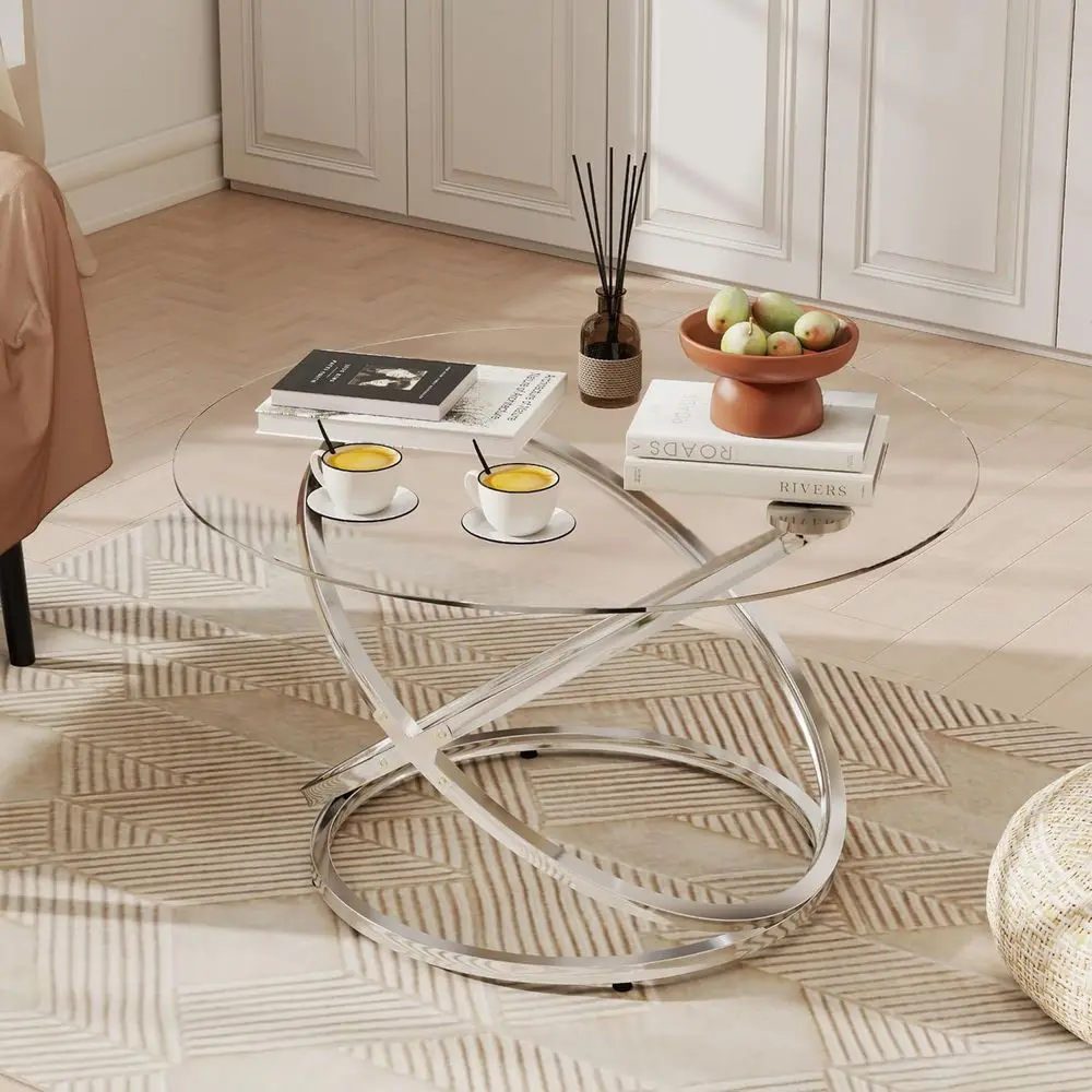 

Modern Round Silver Metal Accent Coffee Table for Living, Study, and Office Spaces