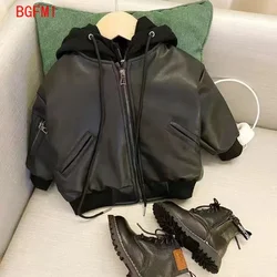 Winter Infant Toddler Kids Fashion Baby Girl Boy PU Leather Jacket Hooded Leather Coat Fashion Chaqueta Thick Clothes 1-7 Years