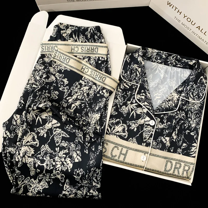 Spring and Autumn New Ladies Ice Silk Pajamas Homewear Suit Women Fashion Long-Sleeved Trousers Senior Sense of Homewear Suit