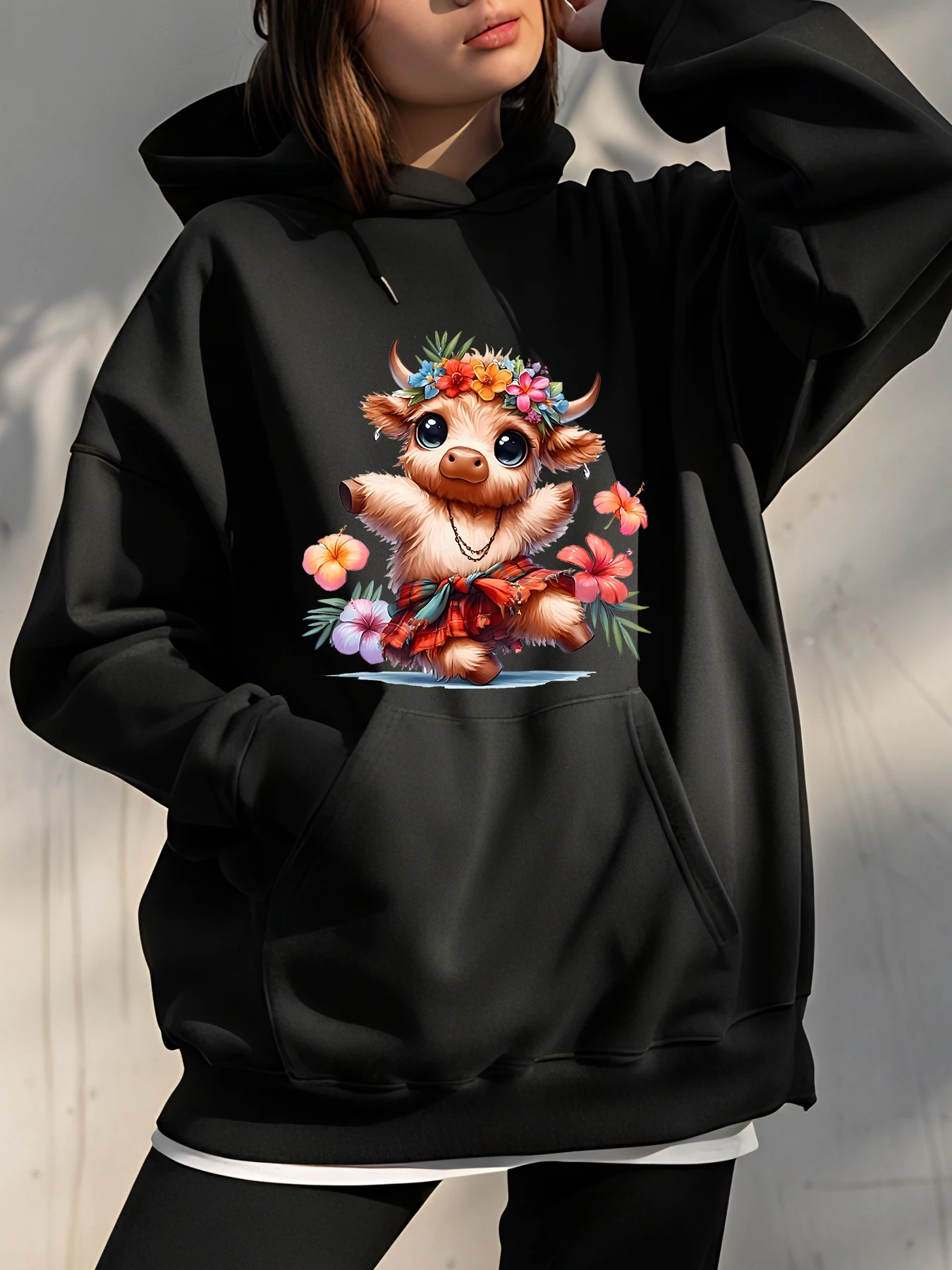 

Милая толстовка с цветочным принтом коровы, женская повседневная толстовка, осенне-зимняя уличная одежда, модная одежда для девочек и подростков