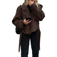 Street Women's Woolen Overcoat With Belt Loose Lapel Double Breasted Full Sleeve Long Coats 2026 Autumn Winter Lady Trench Coat