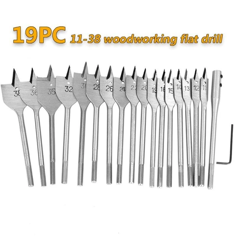 

JU64 19Pcs Spade Drill Bit Set with Extended Rod Drill Bit Premium Carbon Steel, for Woodworking Boring Drill Bits
