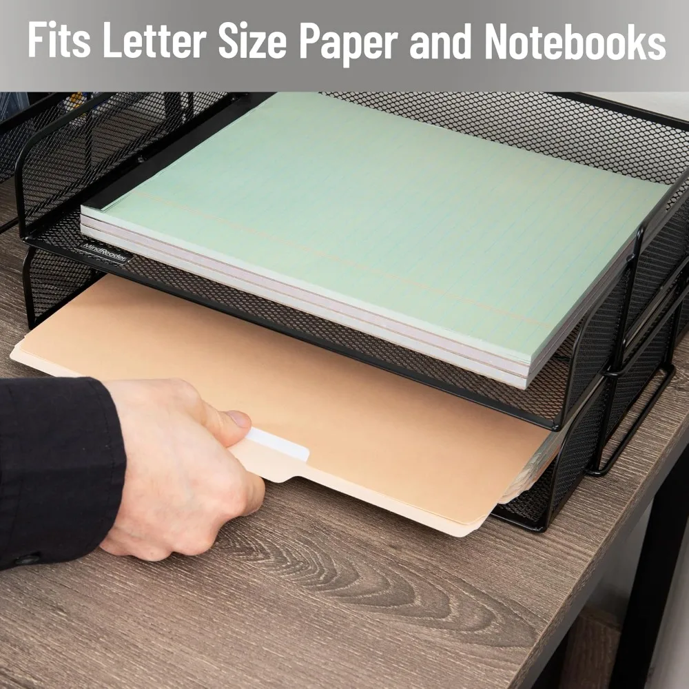 Stackable Paper Tray, Desktop Organizer, File Storage, Office, Metal Mesh, 2 Pcs, Black view 6