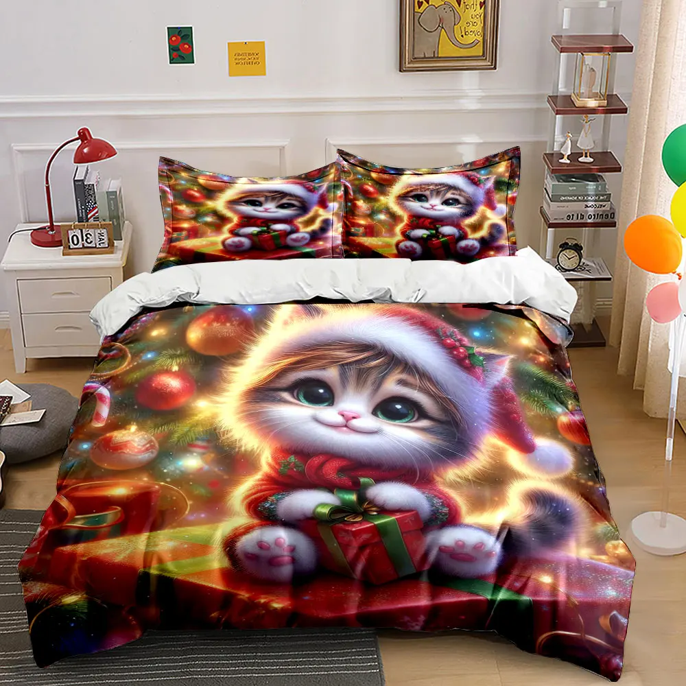 Festive kitten holding a gift with colorful Christmas decor Print Duvet Cover Bedding Set Included 1*Duvet Cover 2*Pillowcases